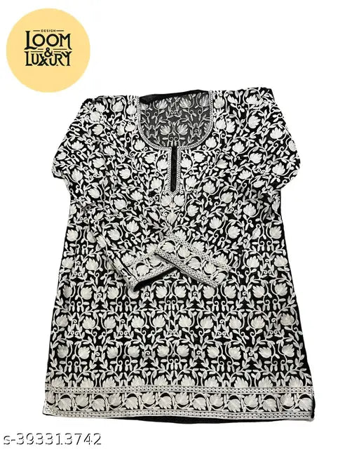 Elegant Black Georgette Short Kurta with Kashmiri Aari Embroidery, versatile for everyday wear