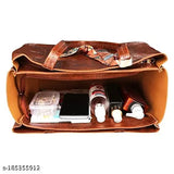 A brown leather backpack with a laptop case and various compartments