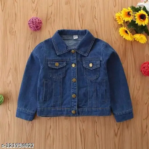 Kids denim dark blue jacket, long sleeves, solid pattern. Boys or girls sizes: 5-6 (bust 28in), 7-8 (bust 29in), 9-10 (bust 30in), 11-12 (bust 31in). Made in India