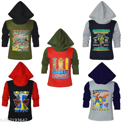 Cute Rascals® Boys & Girls Fashion Hooded Printed Contrast Full Sleeve Tshirts Combo (Pack of 5) (2-8 YEARS)