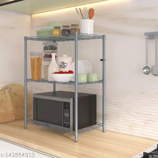 TuneHome stainless steel kitchen storage shelf, holding cookware and utensils
