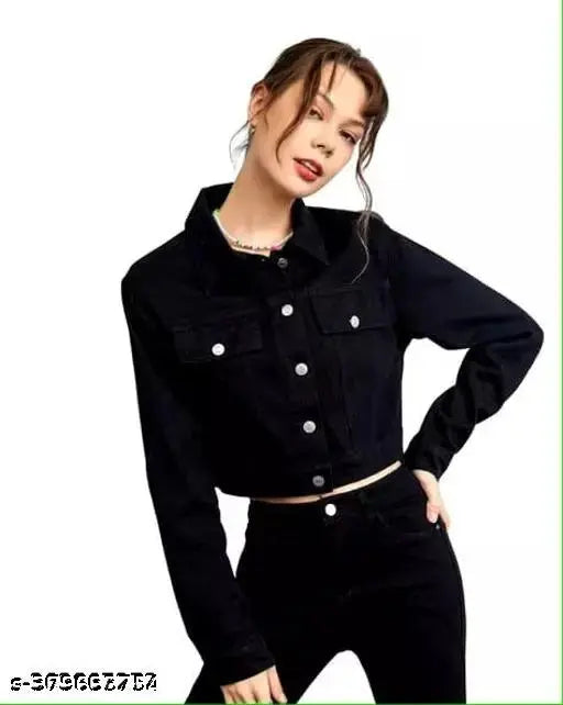 Black denim women's jacket, solid black long sleeves, size S (36in bust, 21in length)