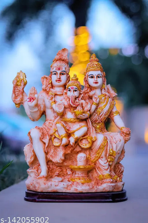 Antique poly resin Shiva Parivar statues: Shiva, Parvati, Ganesh - hand-painted, marble look, 10cmL x 15cmH x 8.5cmB, Vastu-friendly home decor, spiritual figurine for Pooja room or temple