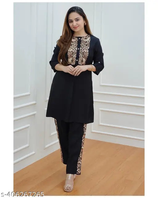 Black viscose rayon three-quarter sleeve top - solid, fashionable piece from India