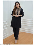 Black viscose rayon three-quarter sleeve top - solid, fashionable piece from India