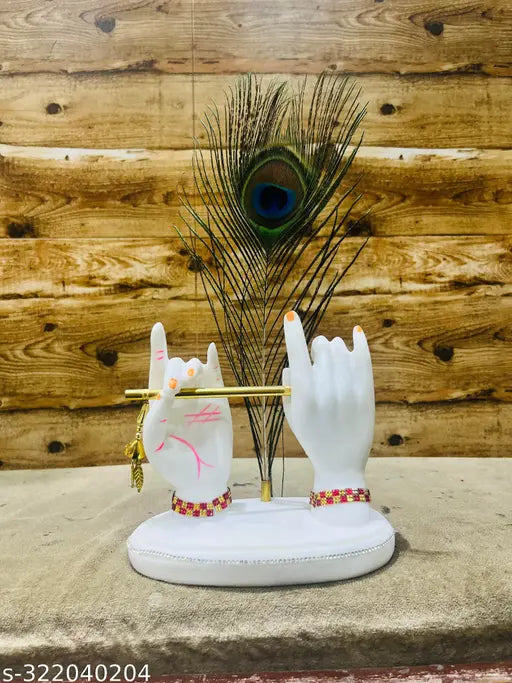 White poly resin Krishna idol with peacock feather and flute for home decor, 6-inch height