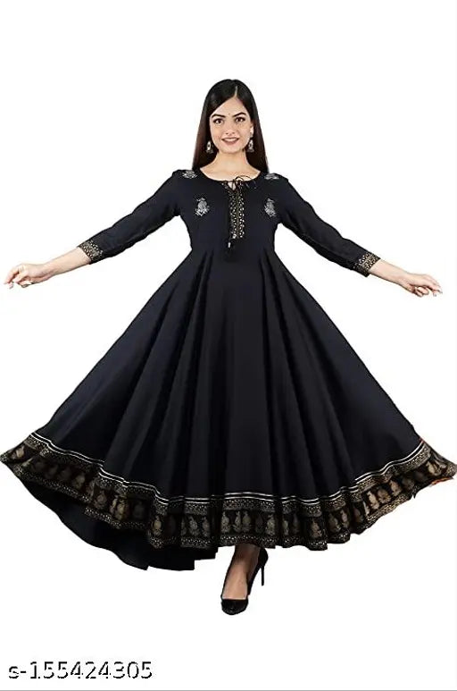 Black embellished anarkali kurta, for women, printed design, long sleeves, trendy