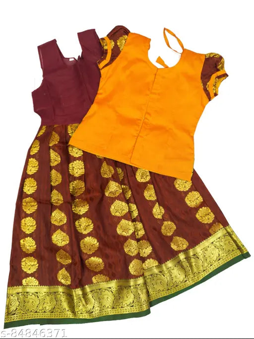 Silk sleeveless kids Lehenga Cholis, embroidered with traditional Indian art silk and zari, semi-silk jacquard top and heavy stonework