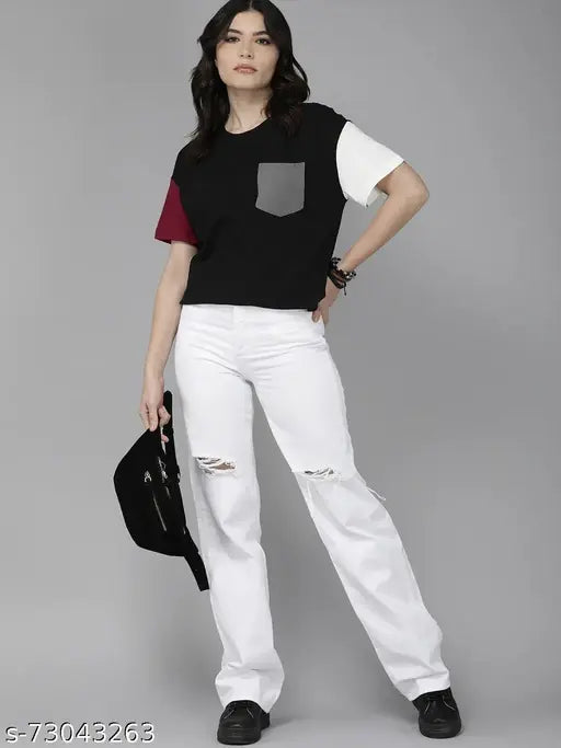 Stylish cotton colorblocked t-shirt, solid pattern in short sleeves for sizes S to XXL, trendy bio-wash tee on hanger