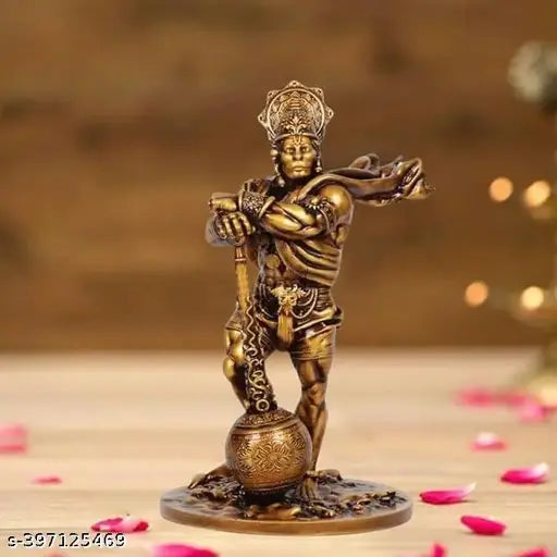 Golden poly resin Hanuman idol statue, intricately detailed with a height of 11cm and breadth of 6cm. Inspiring Lord bhaubali figurine ideal for car dashboards. Made in India