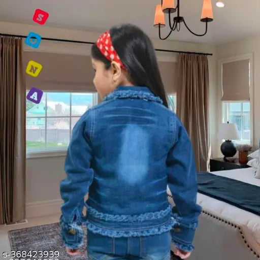Distressed denim jacket, long sleeves, printed design by ADM Germents. Perfect for casual wear and active kids, 100% cotton fleece." (98 characters)