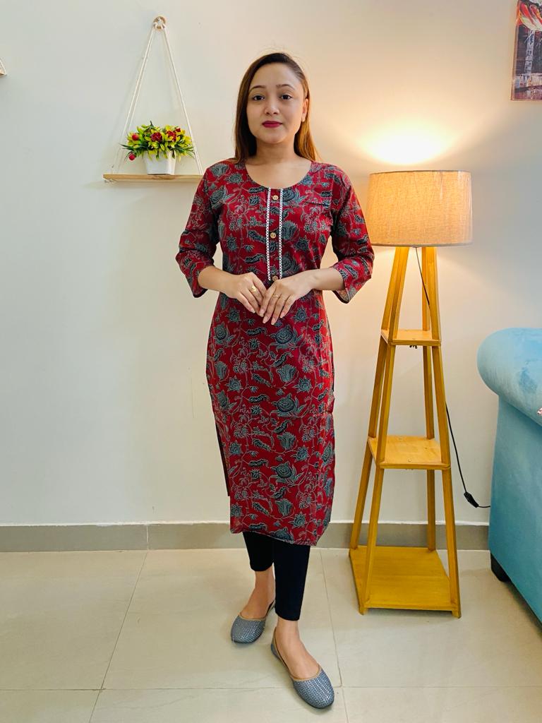 Red cotton kurti, traditional Indian women's tunic top