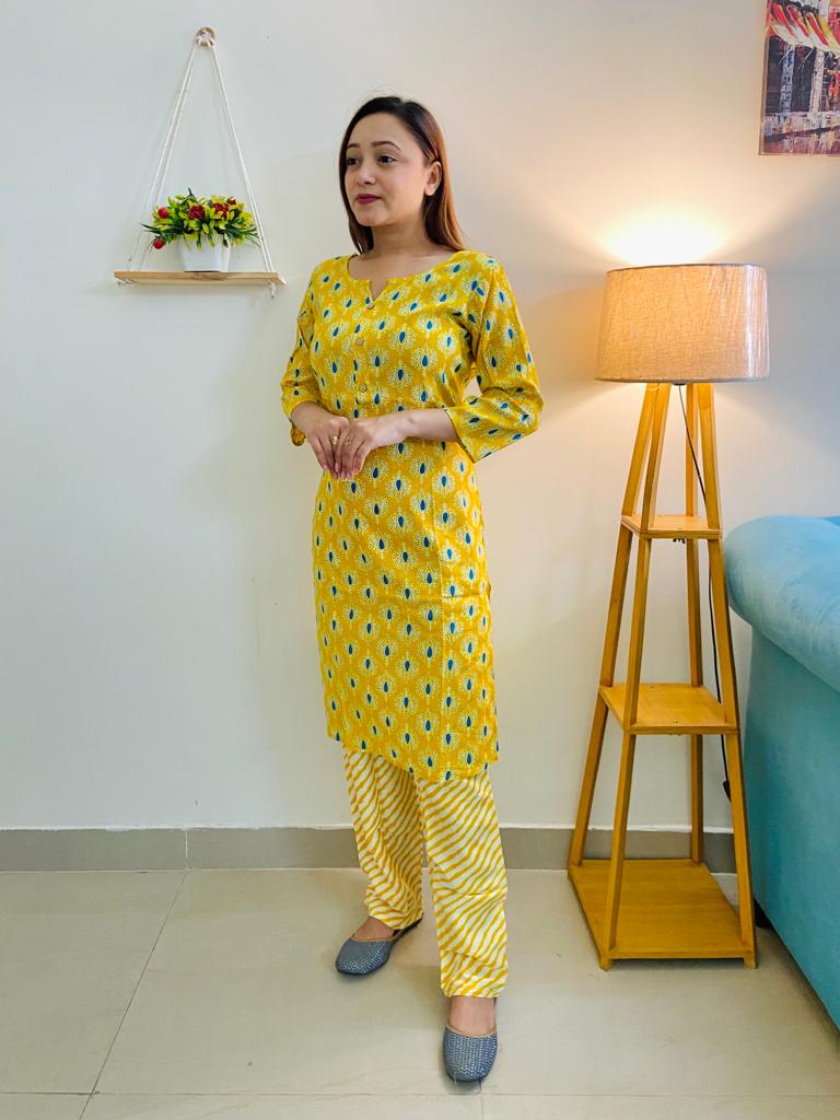 Yellow cotton kurti with matching pants, traditional Indian outfit for women's fashion