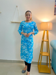 Sky Blue 100% Cotton Jaipuri Kurti, authentic hand-block printed, vibrant, versatile, flattering silhouette, easy care