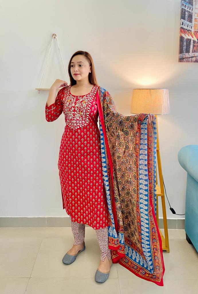 Kurti Cotton With Pant  And Dupatta Red - GillKart