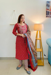 Kurti Cotton With Pant  And Dupatta Red - GillKart