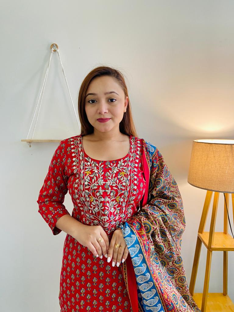 Kurti Cotton With Pant  And Dupatta Red - GillKart