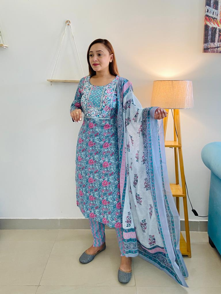 Blue cotton kurti with pant and duppatta, traditional Jaipuri block printing, versatile elegance for various occasions