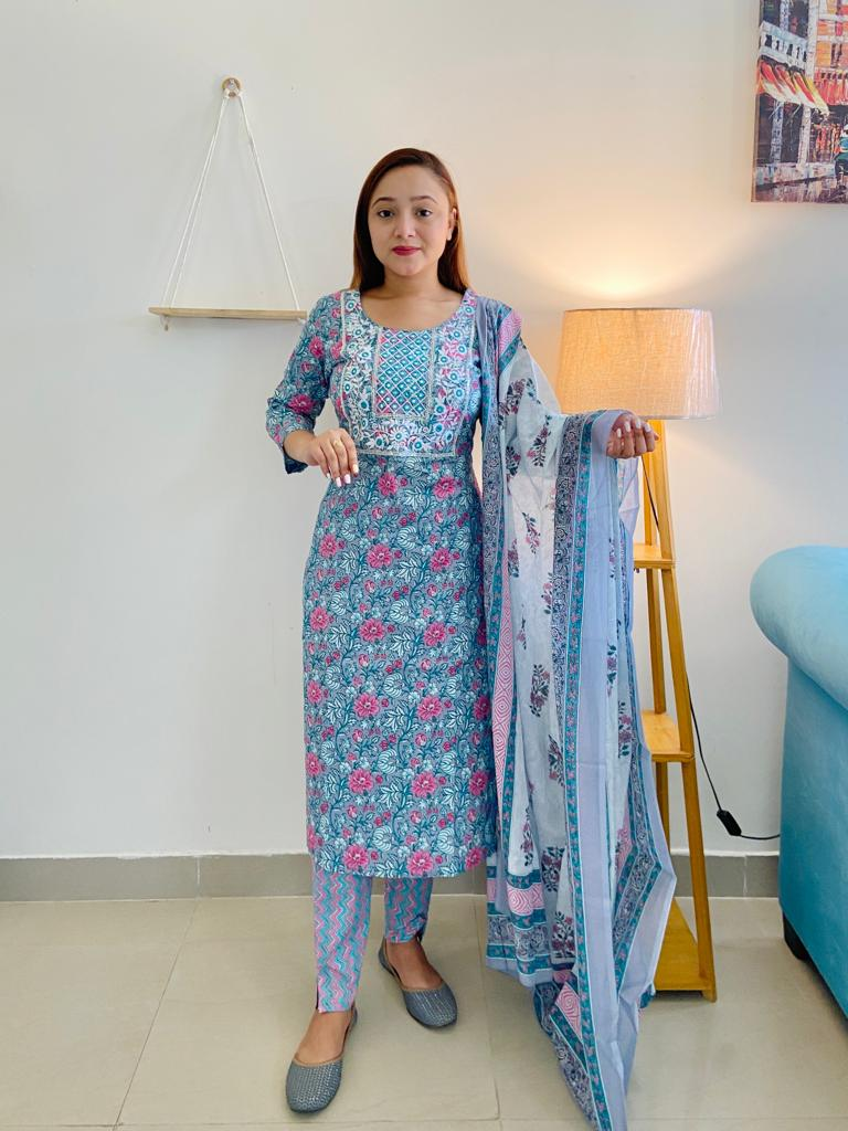 Blue 100% cotton Jaipuri Kurti with pant and duppatta, showcasing traditional block printing and elegant silhouette for versatile elegance and easy care