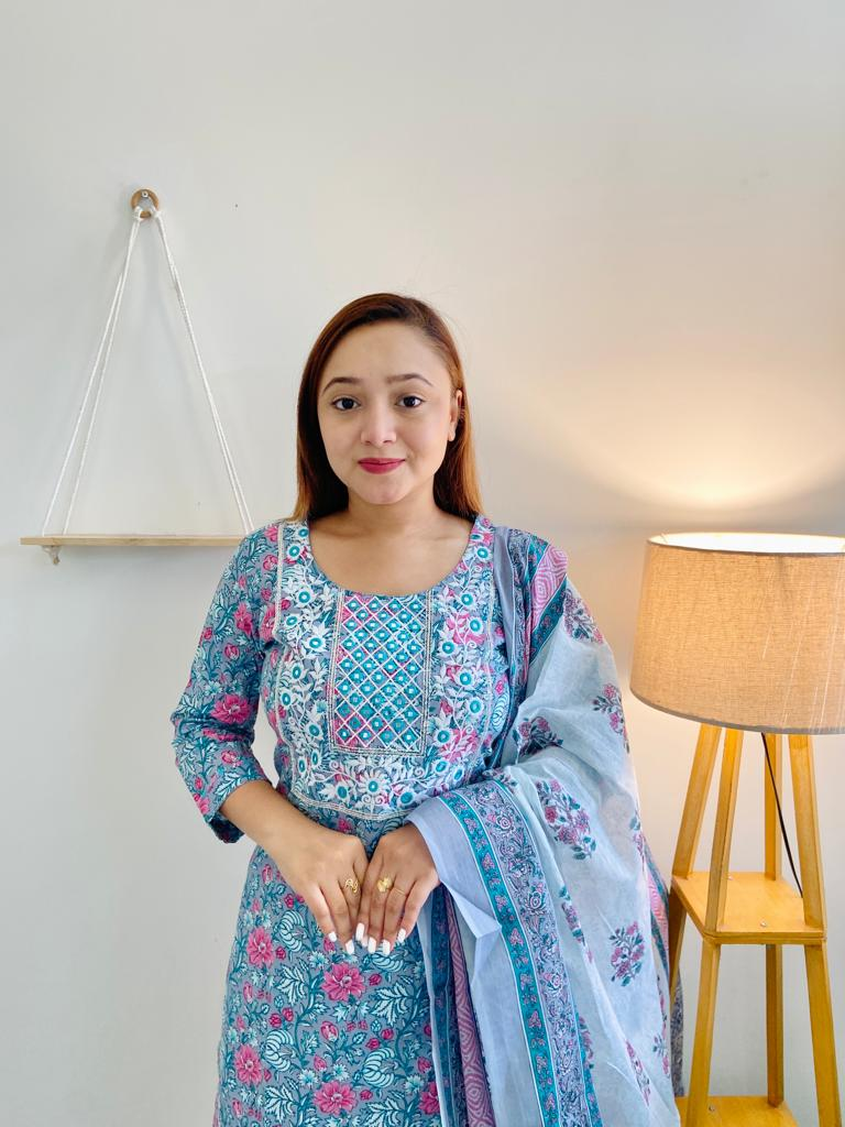 Blue cotton Jaipuri kurti set with pant and duppatta, featuring traditional motifs and patterns for versatile elegance and flattering silhouette. Hand wash for authentic craftsmanship and long-lasting vibrant hue