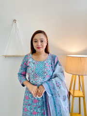 Blue cotton Jaipuri kurti set with pant and duppatta, featuring traditional motifs and patterns for versatile elegance and flattering silhouette. Hand wash for authentic craftsmanship and long-lasting vibrant hue
