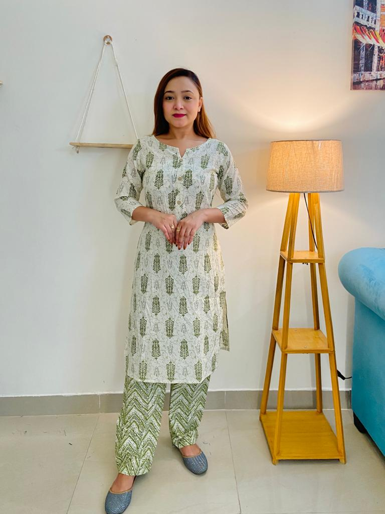 Cream cotton kurti with pant, authentic Jaipuri craftsmanship, traditional motifs, versatile elegance, hand wash, comfortable wear
