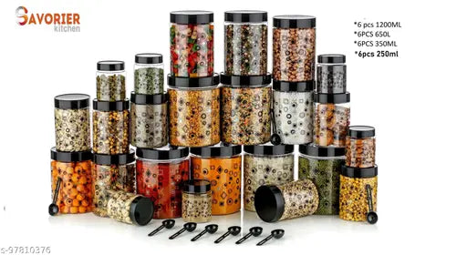 Set of six clear plastic airtight containers with black lids for pantry storage, including 1200ml, 650ml, 350ml and 250ml capacities