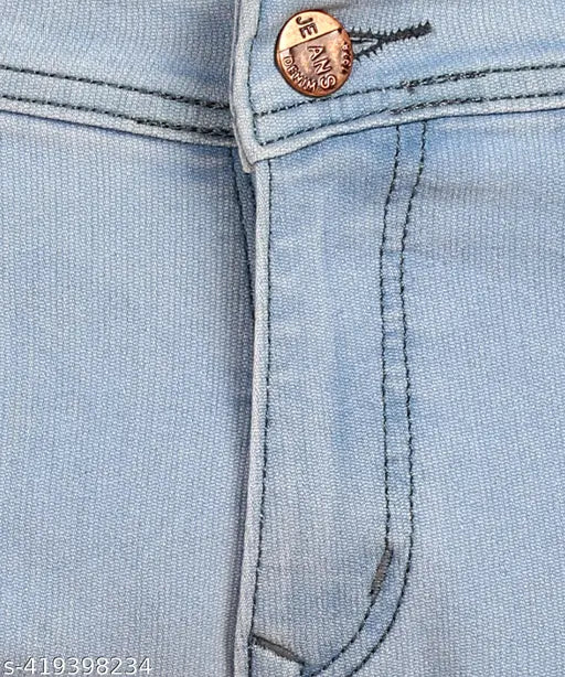 Sky blue polycotton slim fit jeans for men, size 34 (waist 34in, length 40in, hip 42in), elegant and fashionable on model