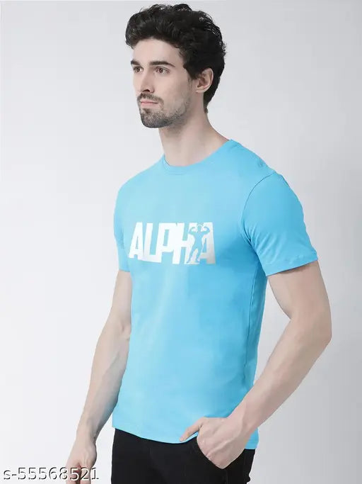 Turquoise Alpha Round Neck Cotton T-shirt (S-36, M-38, L-40, XL-42, XXL-44), premium quality printed design for men's fashion