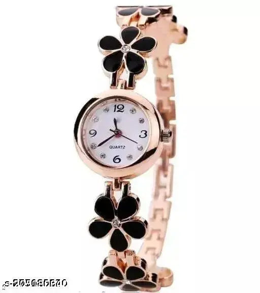 Gold-tone flower pattern bracelet, white analog wristwatch for women and girls, featuring 12 hours clock face