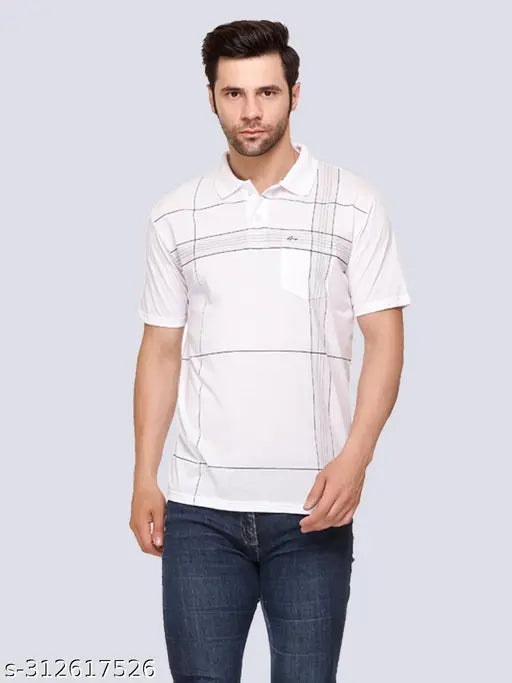 Navy cotton blend striped polo t-shirt for men, short sleeves, checked pattern