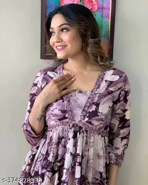 Purple chiffon kameez with long sleeves and V-neck