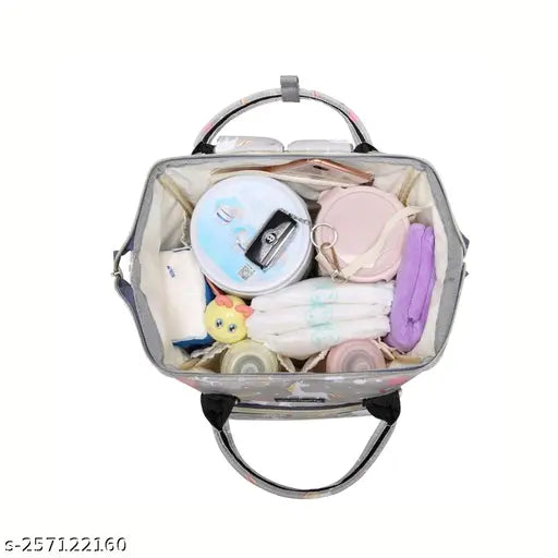 Grey waterproof travel diaper backpack with premium mummy bag design, offering multi-functional large capacity and 3-layer protection. Features 13 pockets, insulated milk bottle holders, anti-theft back pocket, front & back openings, key chain clip, D-rings for hands-free usage, cushioned back straps, and adjustable 3-way carrying. Includes trendy style and prints. Hand wipe clean with mild detergent, no bleach or ironing. Free size (20cm x 6cm x 40cm), originates from India