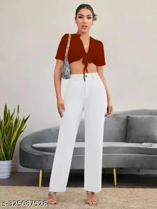 White and black cotton blend regular fit women's trousers combo pack of 2
