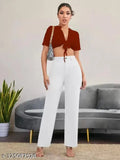 White and black cotton blend regular fit women's trousers combo pack of 2