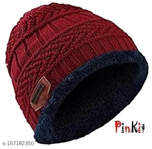 Maroon acrylic beanie cap by PinKit, attractive men's onesie from India