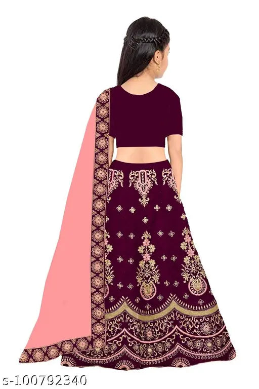 Multi-colored, semi-stitched baby girl lehnga choli dupatta in satin and net, intricately embroidered for versatile partywear