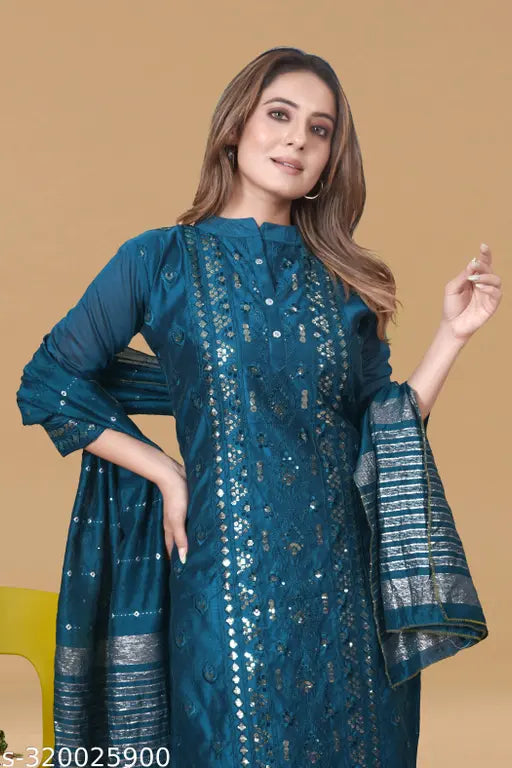 Exquisite Indian Chanderi cotton kurta & palazzos set with zari woven dupatta, embellished net pattern, three-quarter sleeves