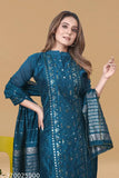 Exquisite Indian Chanderi cotton kurta & palazzos set with zari woven dupatta, embellished net pattern, three-quarter sleeves