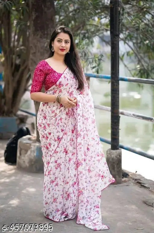 Georgette saree with Banarasi separate blouse in solid net print, Indian traditional attire for women