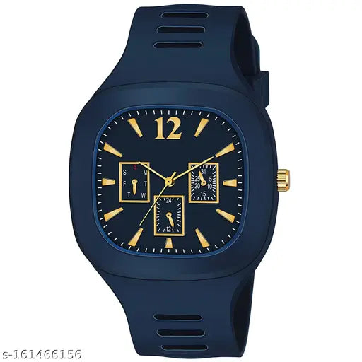 Navy blue watch with analog display, digital date window, multiple subdials, and yellow numerals