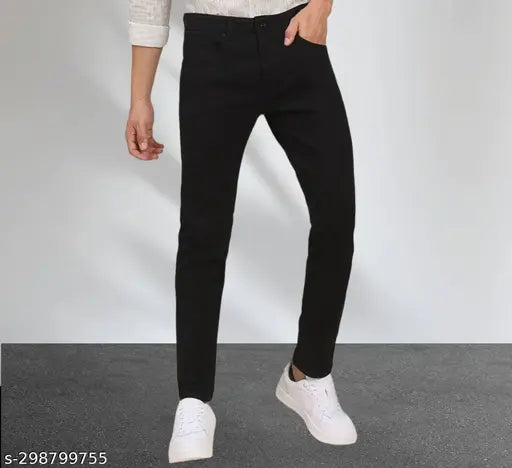 Black stretchable polycotton men's slim fit washed jeans for versatile, comfortable wear. High-quality denim with button closure and comfortable pockets, perfect for casual or formal occasions. Ideal size for waist 28, 30, or 32 inches (40 in length) from India