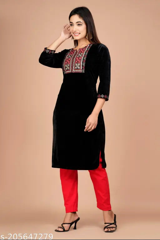 Women's black woolen velvet kurta with embroidery