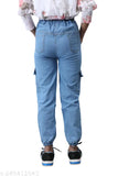 Light blue denim cargo-style joggers for women and girls, comfortable high waist with tummy control, perfect for active living