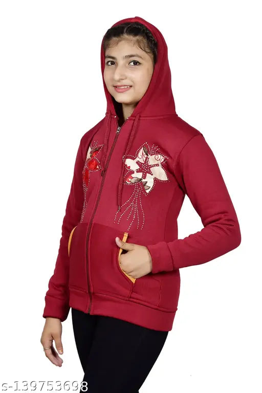 Red hoodie, embroidered design, long sleeves, crew neck