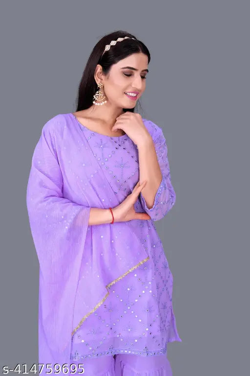 Purple georgette party festival wear full-sleeved kurta with sharara and duppata set