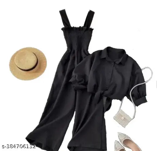 Black crepe short-sleeve women's 2-piece jumpsuit set, solid pattern for women on display rack