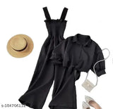 Black crepe short-sleeve women's 2-piece jumpsuit set, solid pattern for women on display rack