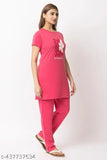 Trendy printed cotton nightsuit set for women & girls in various colors: pink, mint green, navy, grey, and dark grey. Comfortable round neck design and short sleeves. Ideal for a restful sleep. Made from premium cotton. Indian origin