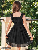 Black stretchy fabric ruffle sleeve Swiss dot dress for kids